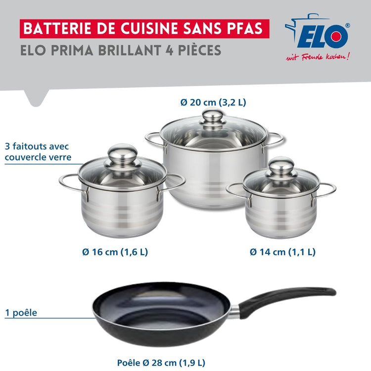 Ensemble de 1 Poêle de cuisson 28 cm et 3 faitouts 14, 16 et 20 cm Elo Prima Brillant