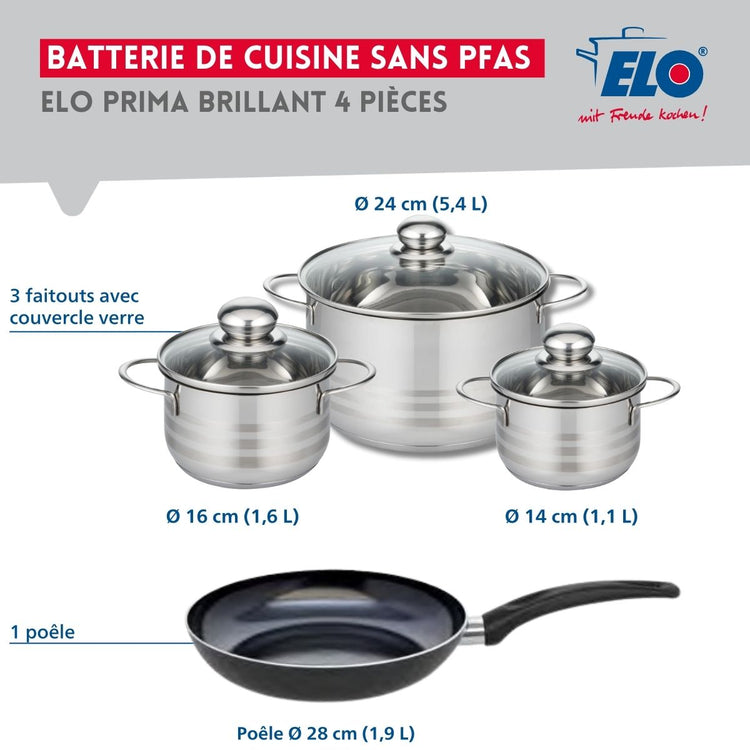 Ensemble de 1 Poêle de cuisson 28 cm et 3 faitouts 14, 16 et 24 cm Elo Prima Brillant