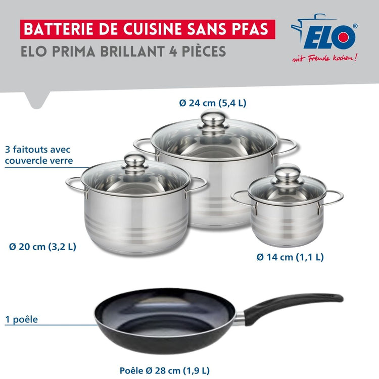 Ensemble de 1 Poêle de cuisson 28 cm et 3 faitouts 14, 20 et 24 cm Elo Prima Brillant