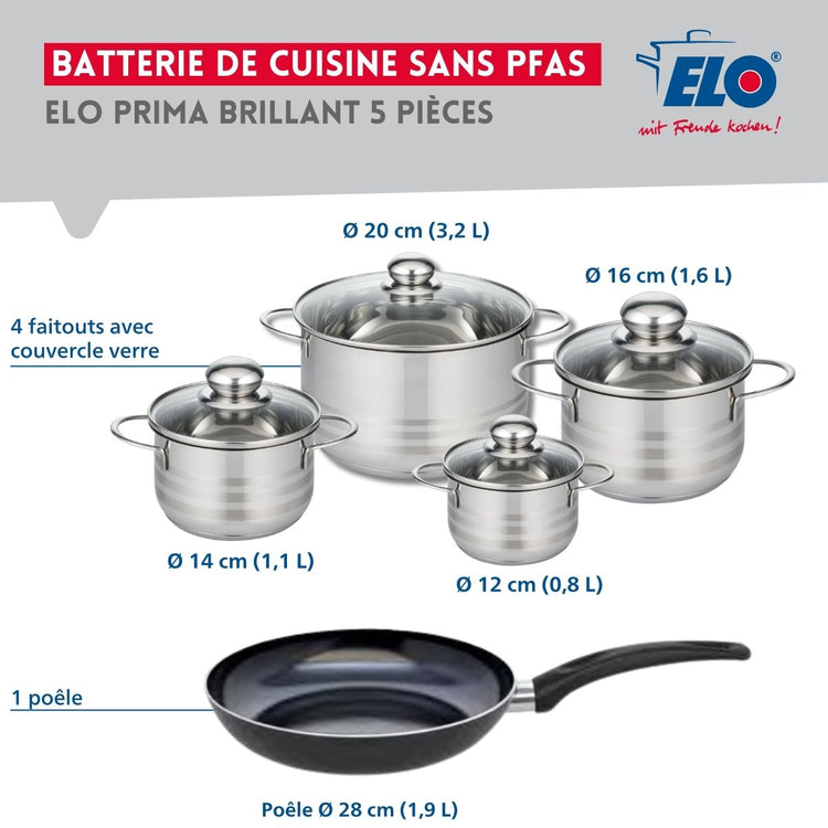 Ensemble de 1 Poêle de cuisson 28 cm et 4 faitouts 12, 14, 16 et 20 cm Elo Prima Brillant