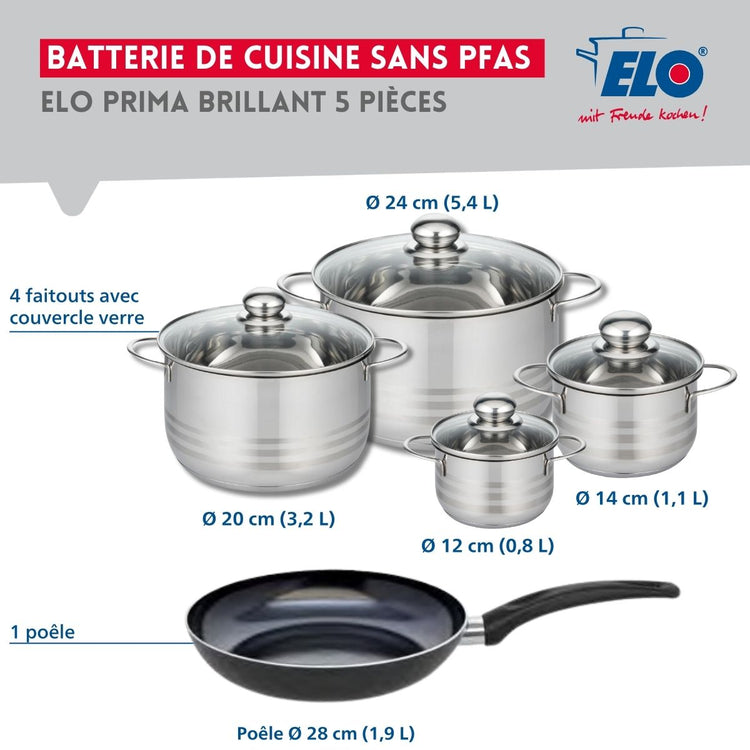 Ensemble de 1 Poêle de cuisson 28 cm et 4 faitouts 12, 14, 20 et 24 cm Elo Prima Brillant