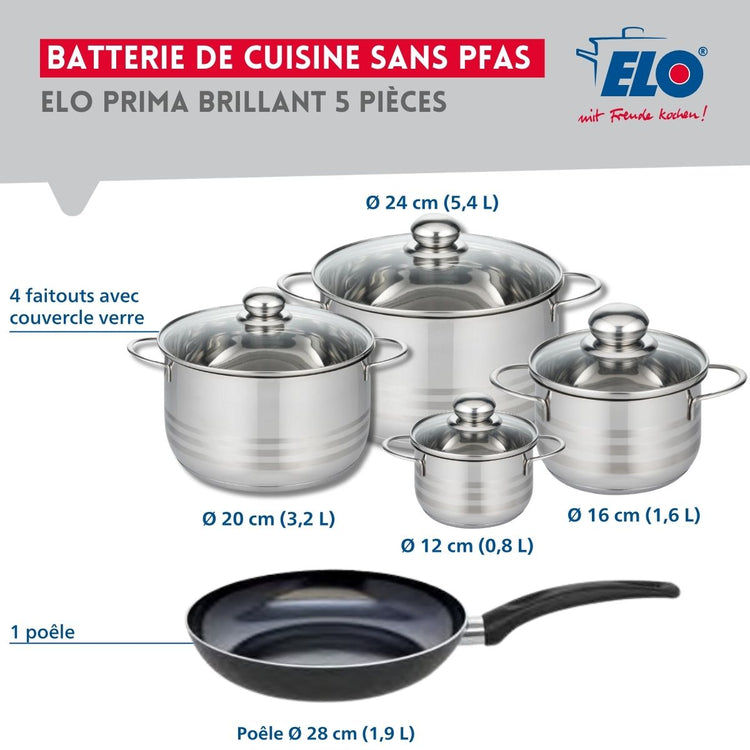 Ensemble de 1 Poêle de cuisson 28 cm et 4 faitouts 12, 16, 20 et 24 cm Elo Prima Brillant