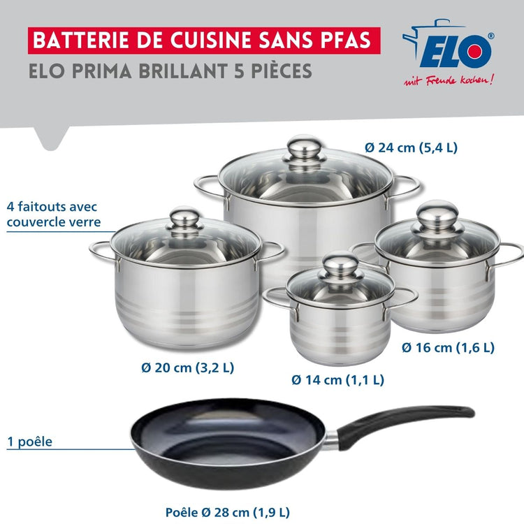 Ensemble de 1 Poêle de cuisson 28 cm et 4 faitouts 14, 16, 20 et 24 cm Elo Prima Brillant