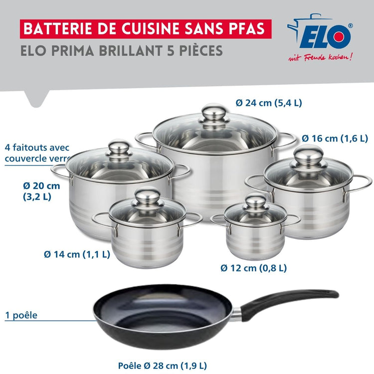 Ensemble de 1 Poêle de cuisson 28 cm et 5 faitouts 12, 14, 16, 20 et 24 cm Elo Prima Brillant