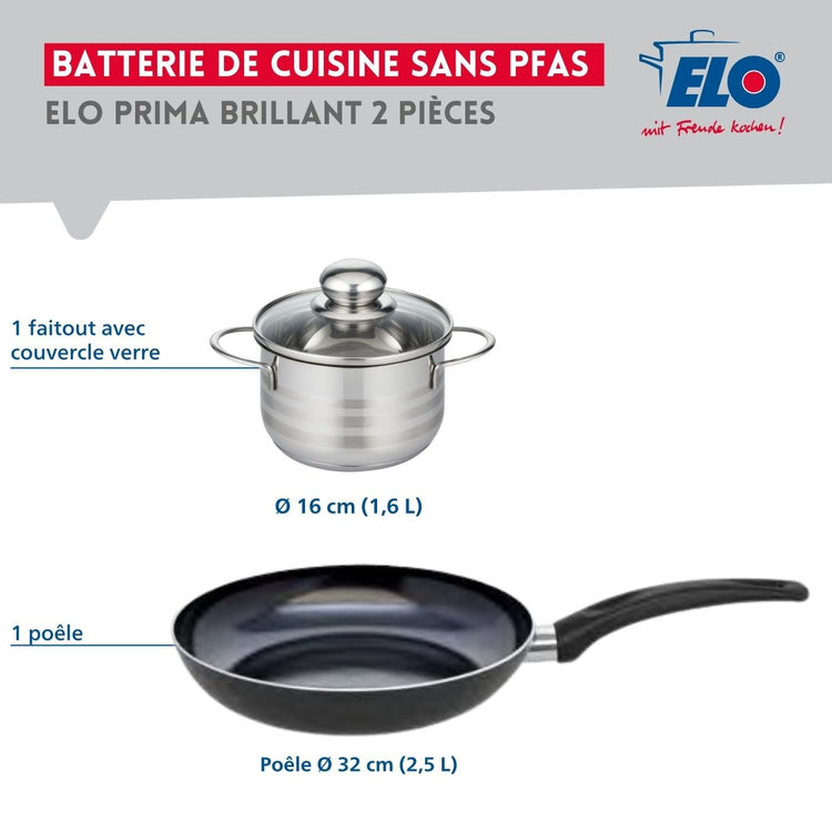 Ensemble de 1 Poêle de cuisson 32 cm et 1 faitout 16 cm Elo Prima Brillant