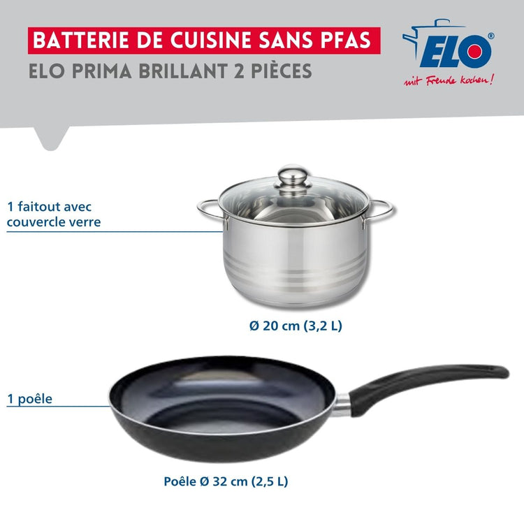 Ensemble de 1 Poêle de cuisson 32 cm et 1 faitout 20 cm Elo Prima Brillant