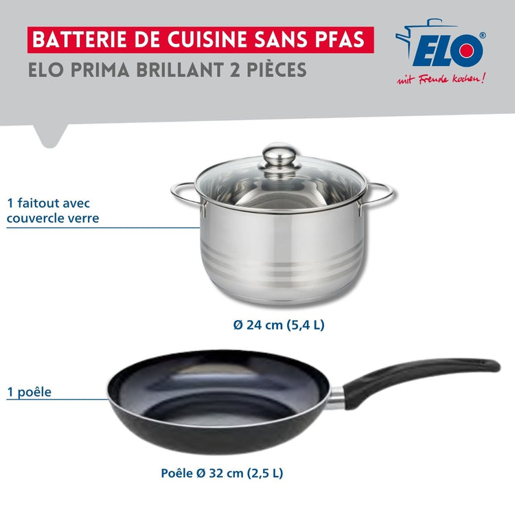 Ensemble de 1 Poêle de cuisson 32 cm et 1 faitout 24 cm Elo Prima Brillant