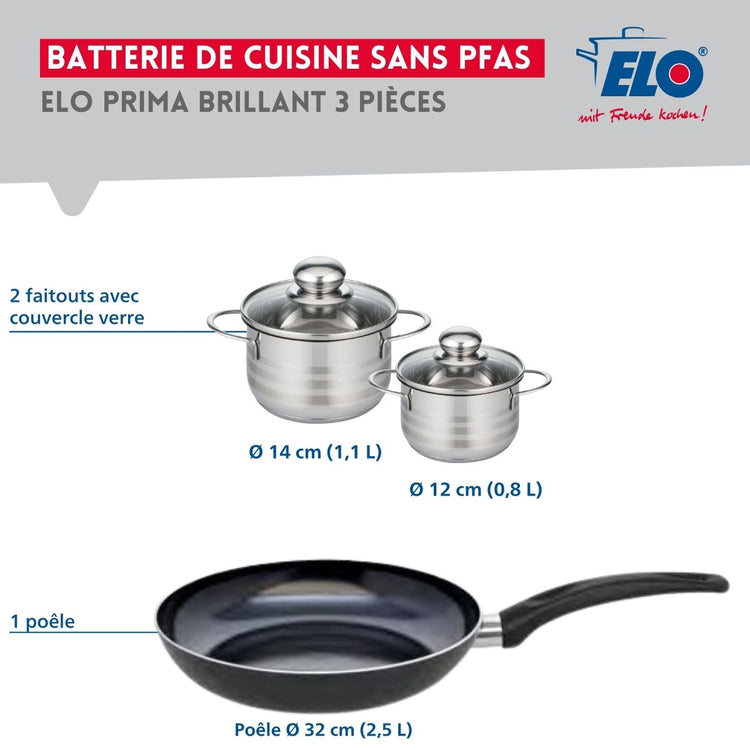 Ensemble de 1 Poêle de cuisson 32 cm et 2 faitouts 12 et 14 cm Elo Prima Brillant