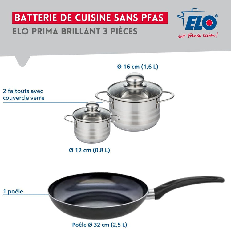 Ensemble de 1 Poêle de cuisson 32 cm et 2 faitouts 12 et 16 cm Elo Prima Brillant