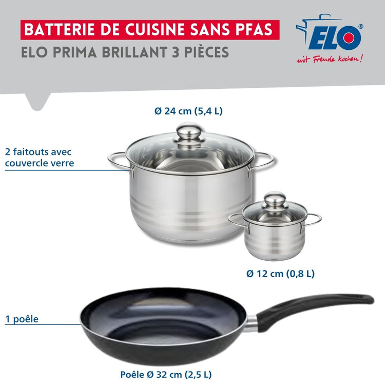 Ensemble de 1 Poêle de cuisson 32 cm et 2 faitouts 12 et 24 cm Elo Prima Brillant