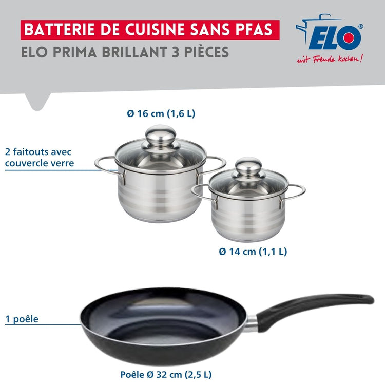 Ensemble de 1 Poêle de cuisson 32 cm et 2 faitouts 14 et 16 cm Elo Prima Brillant