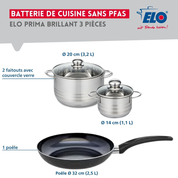 Ensemble de 1 Poêle de cuisson 32 cm et 2 faitouts 14 et 20 cm Elo Prima Brillant