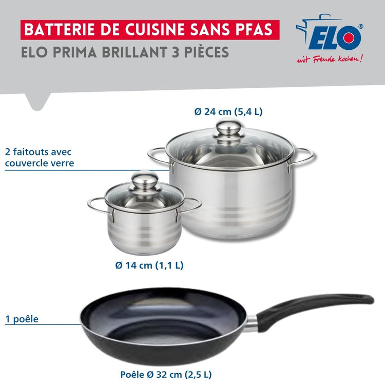 Ensemble de 1 Poêle de cuisson 32 cm et 2 faitouts 14 et 24 cm Elo Prima Brillant