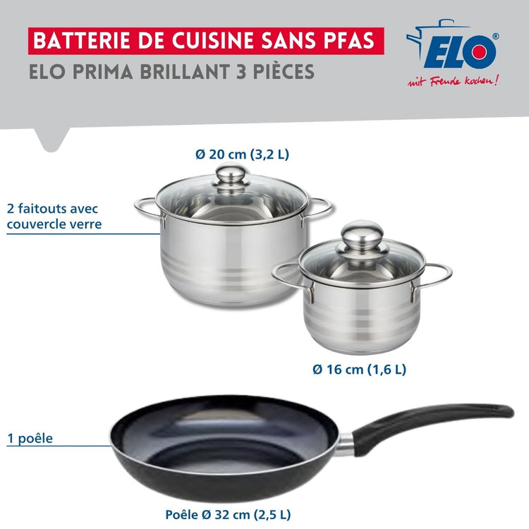 Ensemble de 1 Poêle de cuisson 32 cm et 2 faitouts 16 et 20 cm Elo Prima Brillant