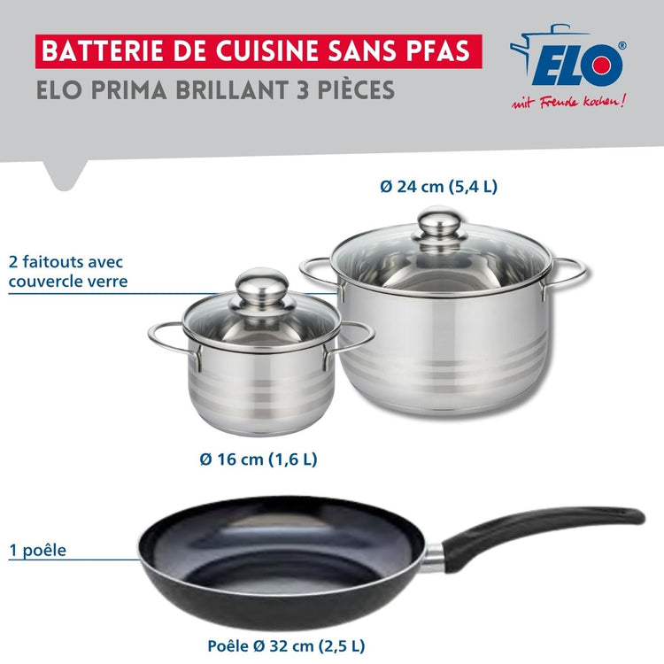 Ensemble de 1 Poêle de cuisson 32 cm et 2 faitouts 16 et 24 cm Elo Prima Brillant