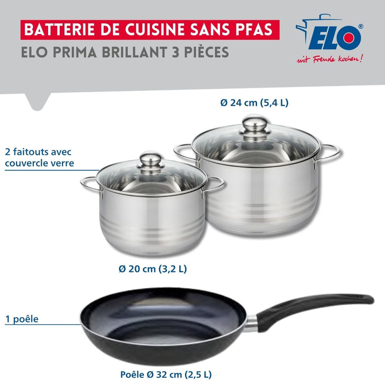 Ensemble de 1 Poêle de cuisson 32 cm et 2 faitouts 20 et 24 cm Elo Prima Brillant