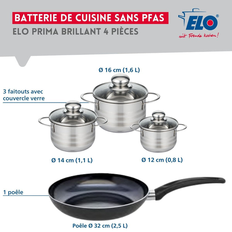 Ensemble de 1 Poêle de cuisson 32 cm et 3 faitouts 12, 14 et 16 cm Elo Prima Brillant