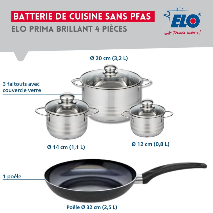 Ensemble de 1 Poêle de cuisson 32 cm et 3 faitouts 12, 14 et 20 cm Elo Prima Brillant