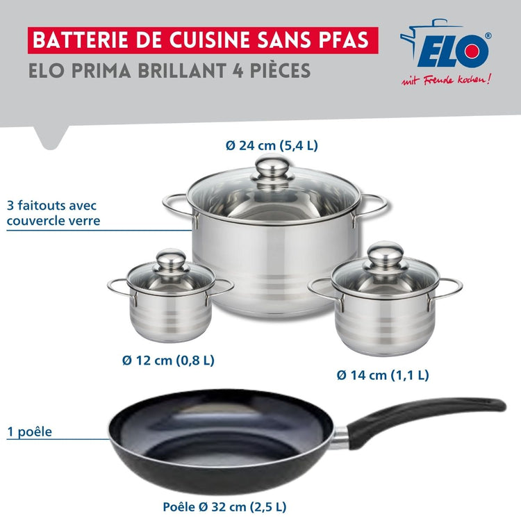 Ensemble de 1 Poêle de cuisson 32 cm et 3 faitouts 12, 14 et 24 cm Elo Prima Brillant