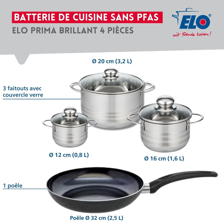 Ensemble de 1 Poêle de cuisson 32 cm et 3 faitouts 12, 16 et 20 cm Elo Prima Brillant