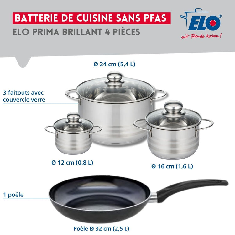 Ensemble de 1 Poêle de cuisson 32 cm et 3 faitouts 12, 16 et 24 cm Elo Prima Brillant