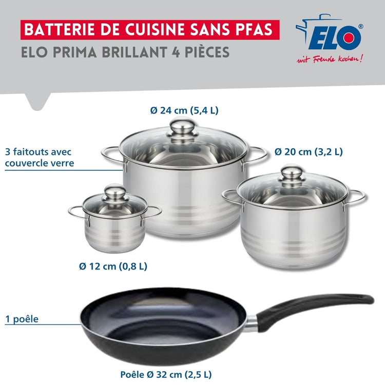 Ensemble de 1 Poêle de cuisson 32 cm et 3 faitouts 12, 20 et 24 cm Elo Prima Brillant