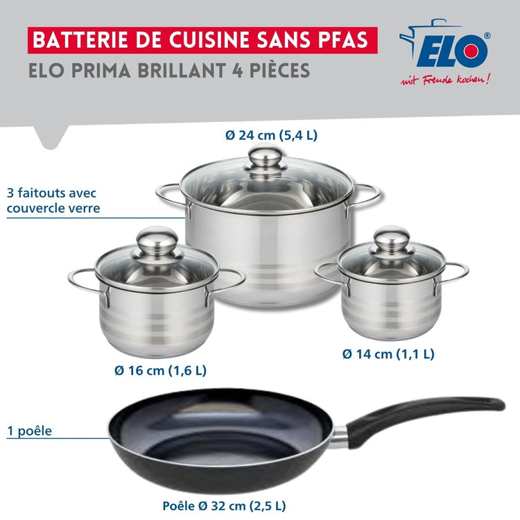 Ensemble de 1 Poêle de cuisson 32 cm et 3 faitouts 14, 16 et 24 cm Elo Prima Brillant