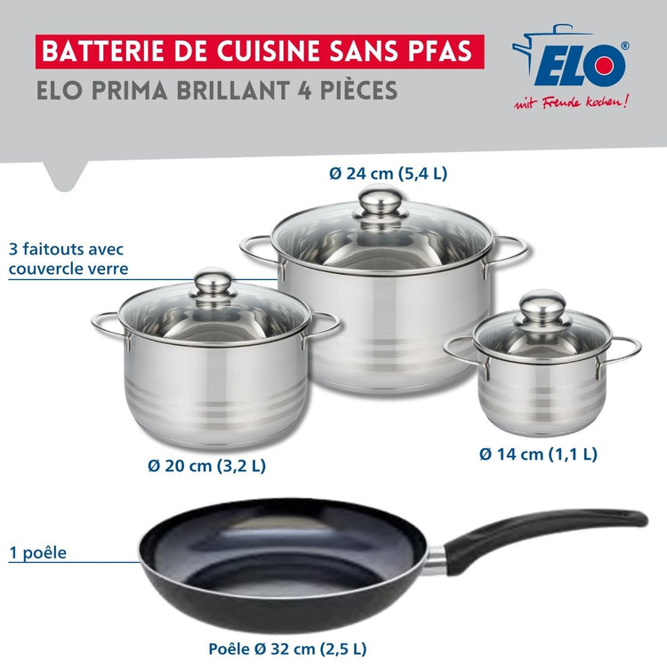 Ensemble de 1 Poêle de cuisson 32 cm et 3 faitouts 14, 20 et 24 cm Elo Prima Brillant