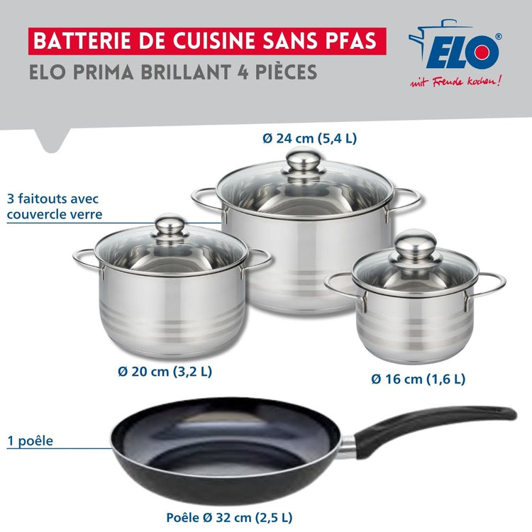 Ensemble de 1 Poêle de cuisson 32 cm et 3 faitouts 16, 20 et 24 cm Elo Prima Brillant