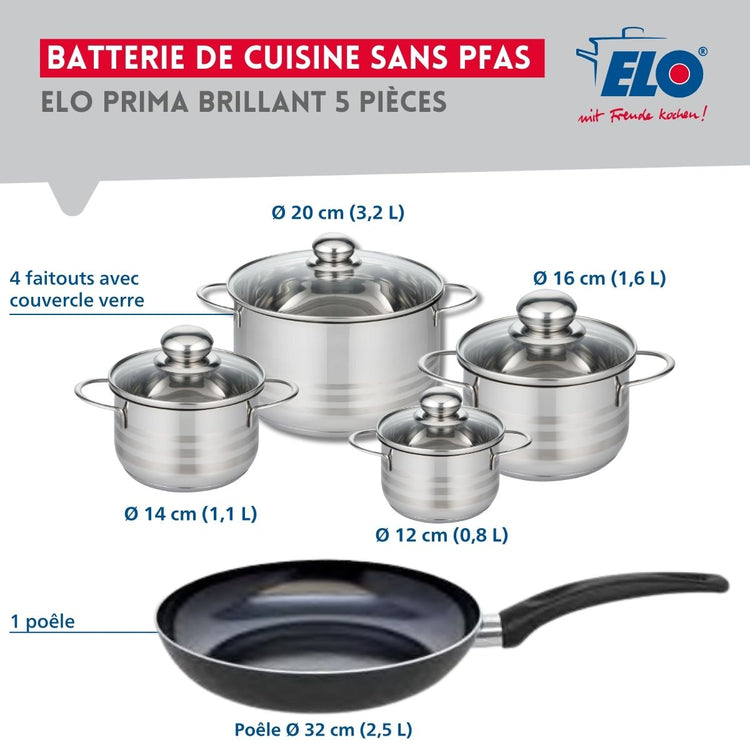 Ensemble de 1 Poêle de cuisson 32 cm et 4 faitouts 12, 14, 16 et 20 cm Elo Prima Brillant