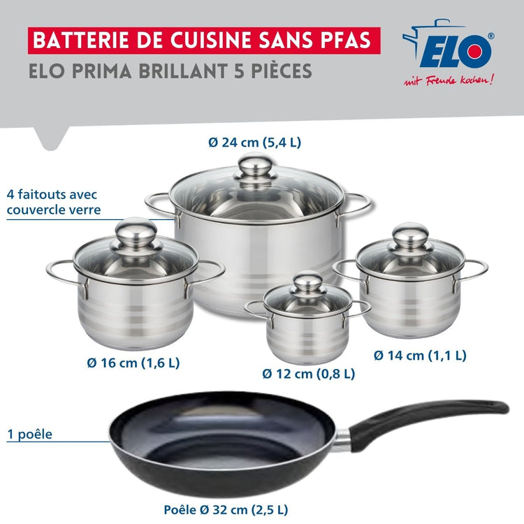 Ensemble de 1 Poêle de cuisson 32 cm et 4 faitouts 12, 14, 16 et 24 cm Elo Prima Brillant