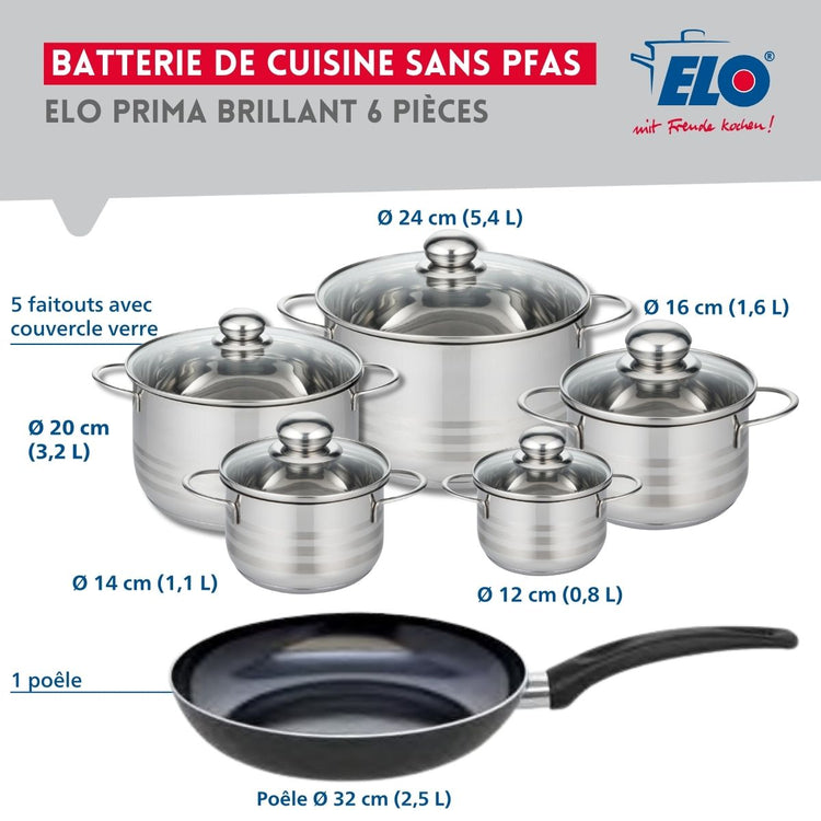 Ensemble de 1 Poêle de cuisson 32 cm et 5 faitouts 12, 14, 16, 20 et 24 cm Elo Prima Brillant