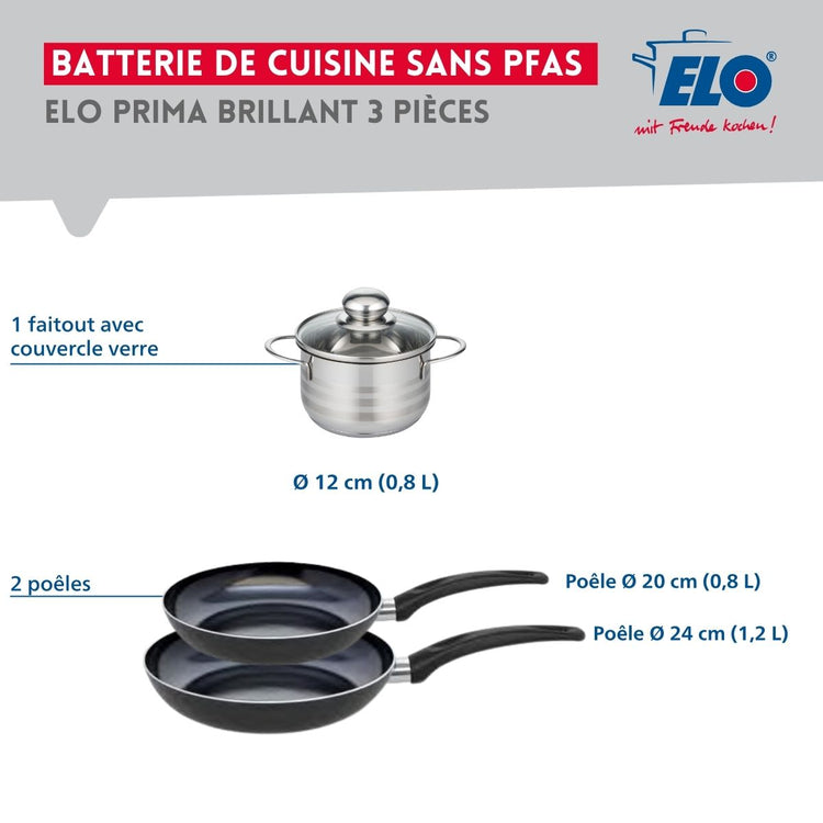 Ensemble de 2 Poêles de cuisson 20 et 24 cm et 1 faitout 12 cm Elo Prima Brillant