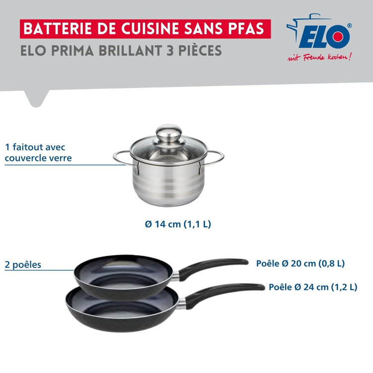 Ensemble de 2 Poêles de cuisson 20 et 24 cm et 1 faitout 14 cm Elo Prima Brillant