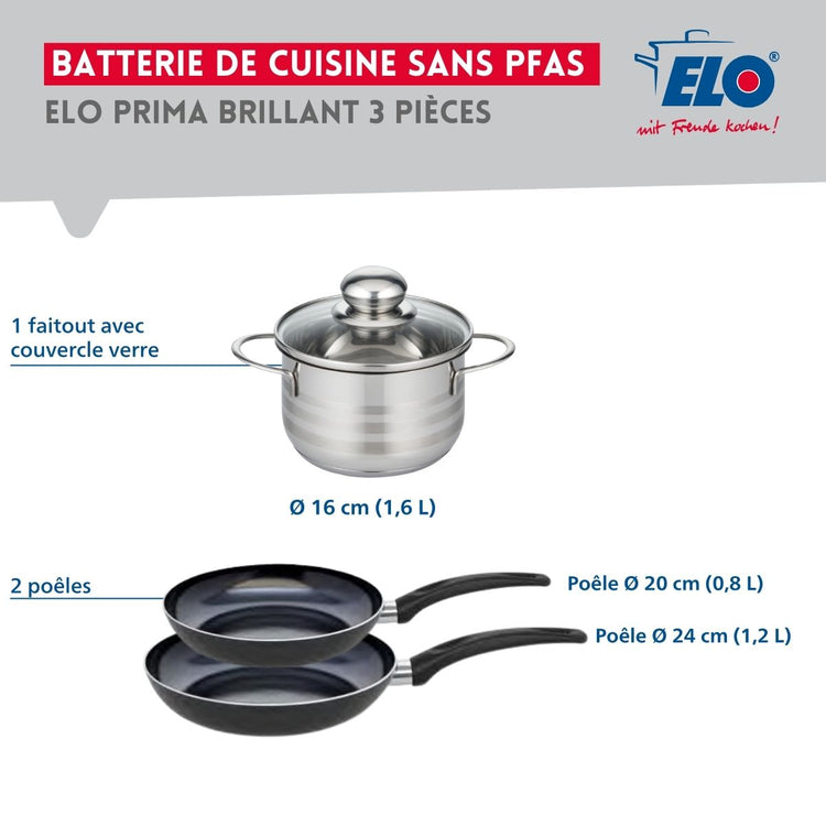 Ensemble de 2 Poêles de cuisson 20 et 24 cm et 1 faitout 16 cm Elo Prima Brillant