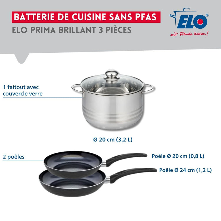 Ensemble de 2 Poêles de cuisson 20 et 24 cm et 1 faitout 20 cm Elo Prima Brillant