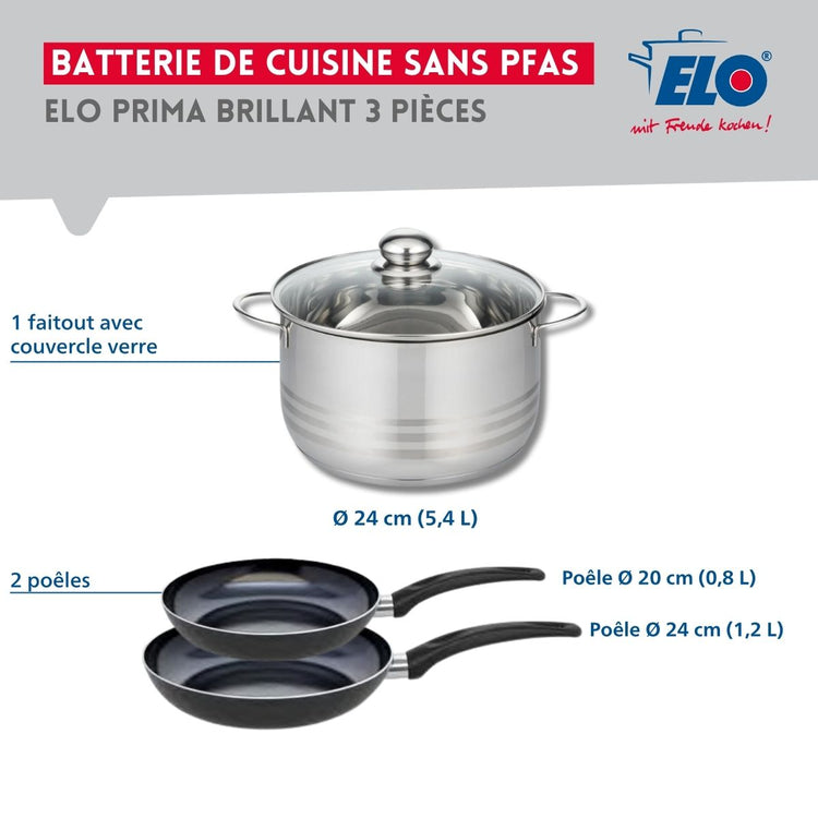 Ensemble de 2 Poêles de cuisson 20 et 24 cm et 1 faitout 24 cm Elo Prima Brillant