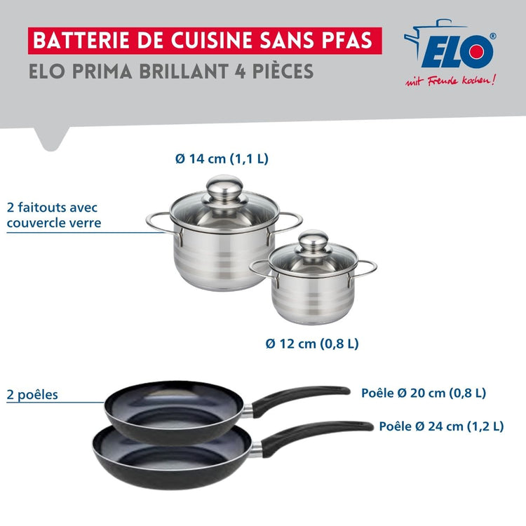 Ensemble de 2 Poêles de cuisson 20 et 24 cm et 2 faitouts 12 et 14 cm Elo Prima Brillant