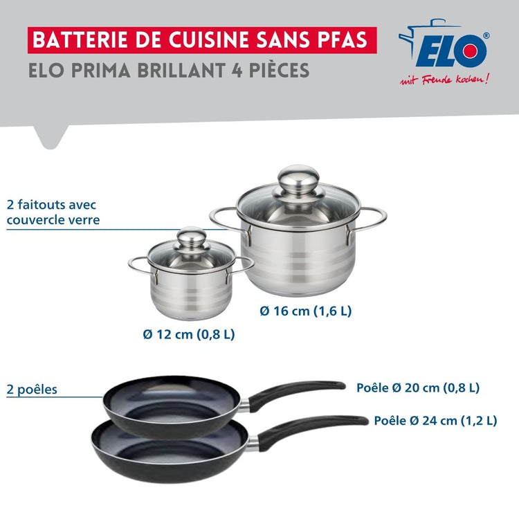 Ensemble de 2 Poêles de cuisson 20 et 24 cm et 2 faitouts 12 et 16 cm Elo Prima Brillant