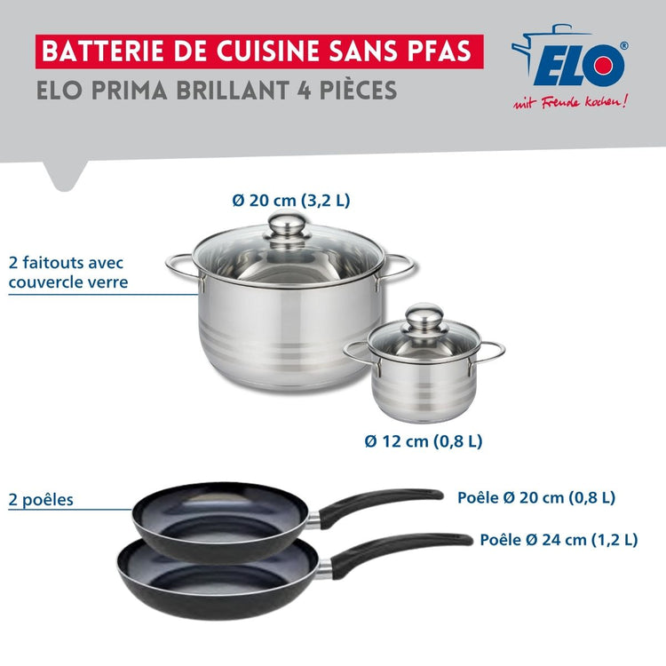 Ensemble de 2 Poêles de cuisson 20 et 24 cm et 2 faitouts 12 et 20 cm Elo Prima Brillant