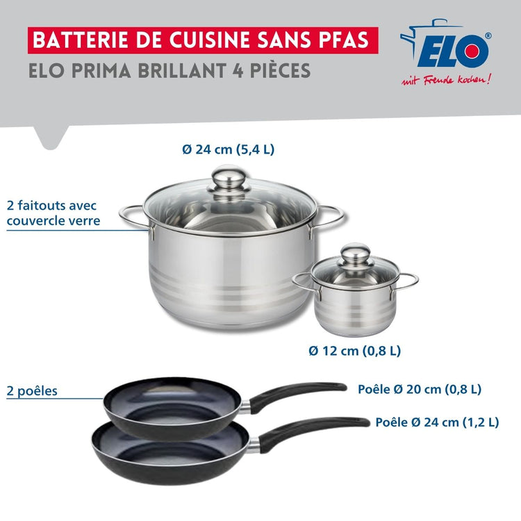 Ensemble de 2 Poêles de cuisson 20 et 24 cm et 2 faitouts 12 et 24 cm Elo Prima Brillant