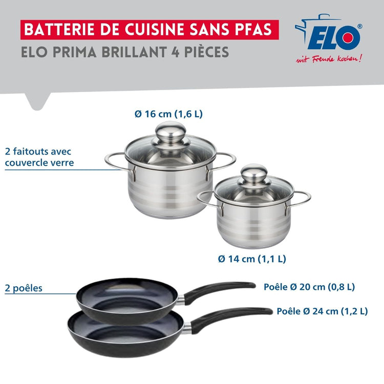 Ensemble de 2 Poêles de cuisson 20 et 24 cm et 2 faitouts 14 et 16 cm Elo Prima Brillant