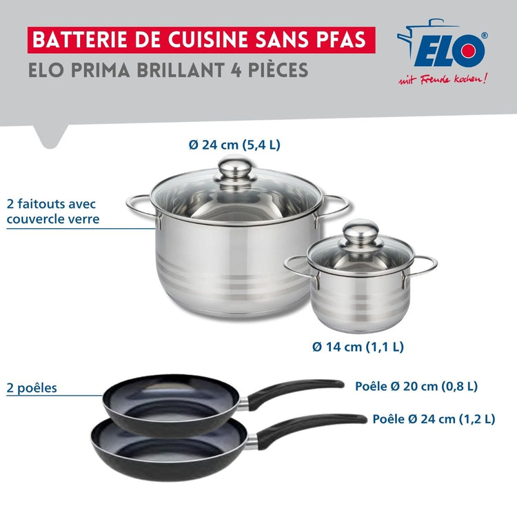 Ensemble de 2 Poêles de cuisson 20 et 24 cm et 2 faitouts 14 et 24 cm Elo Prima Brillant