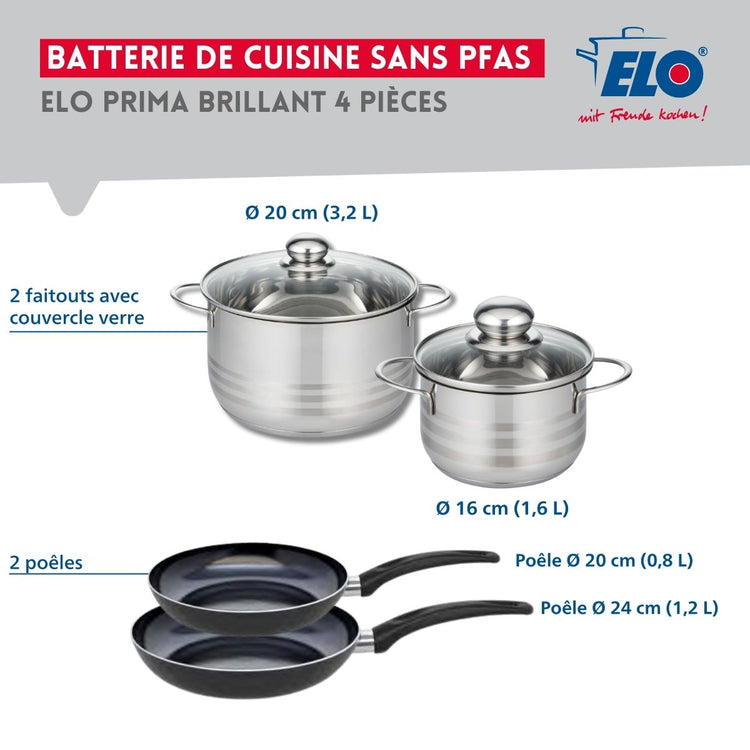 Ensemble de 2 Poêles de cuisson 20 et 24 cm et 2 faitouts 16 et 20 cm Elo Prima Brillant