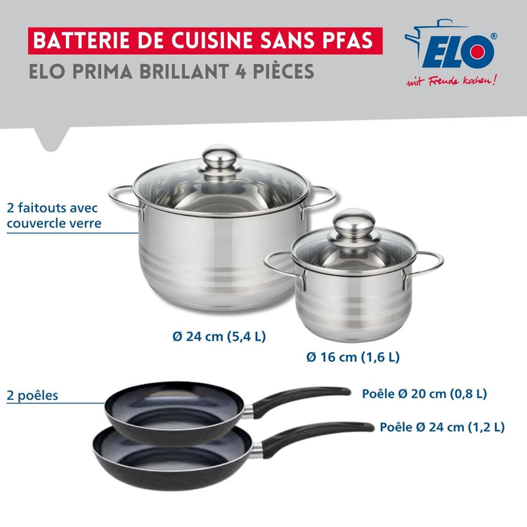 Ensemble de 2 Poêles de cuisson 20 et 24 cm et 2 faitouts 16 et 24 cm Elo Prima Brillant