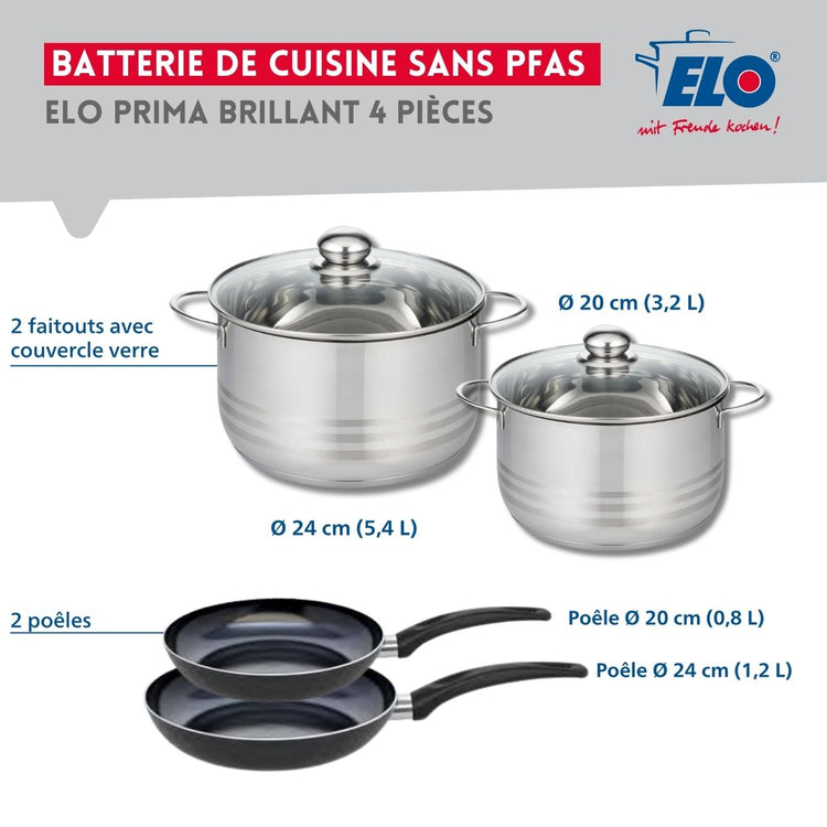 Ensemble de 2 Poêles de cuisson 20 et 24 cm et 2 faitouts 20 et 24 cm Elo Prima Brillant