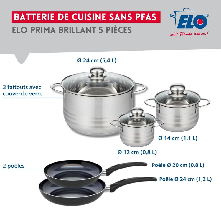 Ensemble de 2 Poêles de cuisson 20 et 24 cm et 3 faitouts 12, 14 et 24 cm Elo Prima Brillant