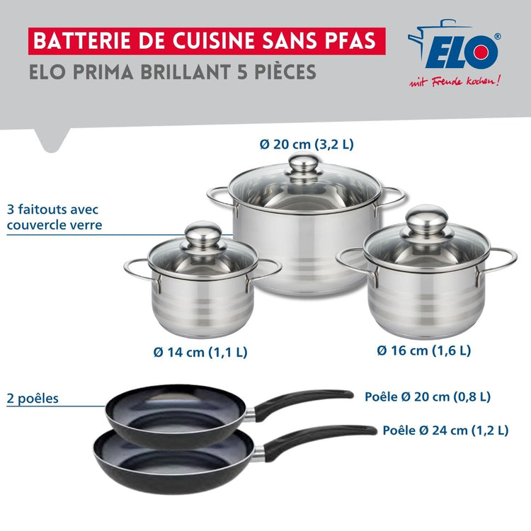 Ensemble de 2 Poêles de cuisson 20 et 24 cm et 3 faitouts 14, 16 et 20 cm Elo Prima Brillant