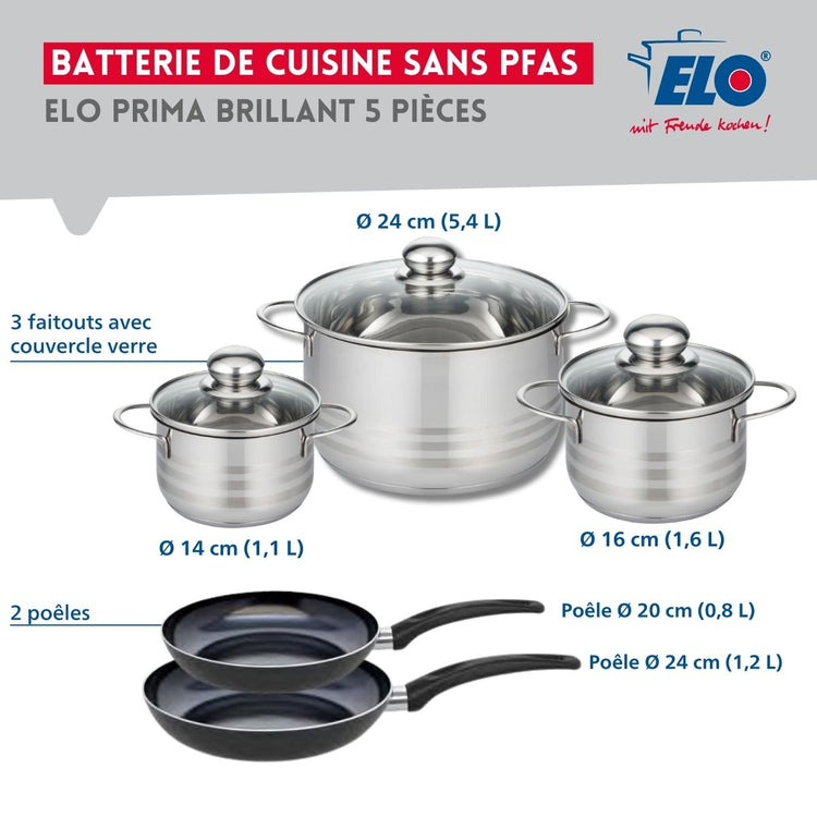 Ensemble de 2 Poêles de cuisson 20 et 24 cm et 3 faitouts 14, 16 et 24 cm Elo Prima Brillant