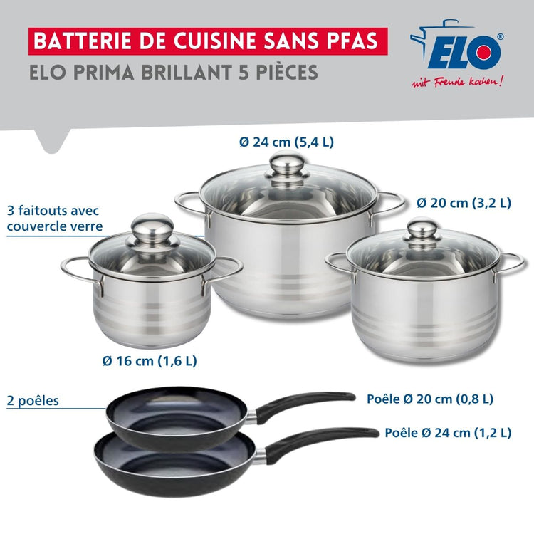 Ensemble de 2 Poêles de cuisson 20 et 24 cm et 3 faitouts 16, 20 et 24 cm Elo Prima Brillant